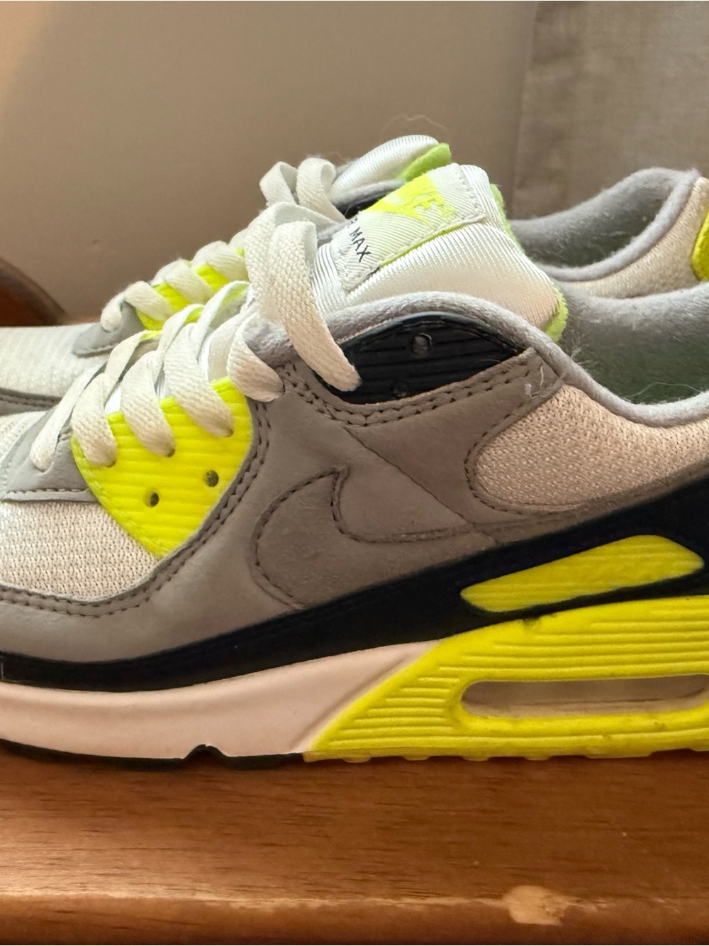 Nike Men's Grey and Neon Yellow Air Max 90 Athletic Sneakers